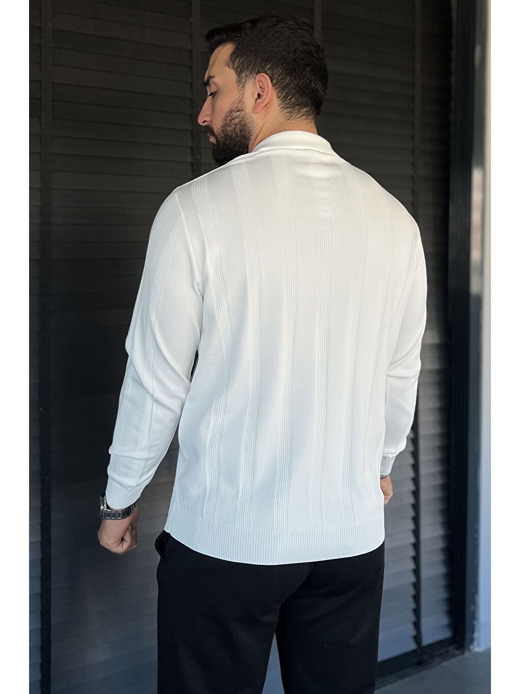 Beyaz Polo Yaka Desenli Erkek Triko Kazak-3