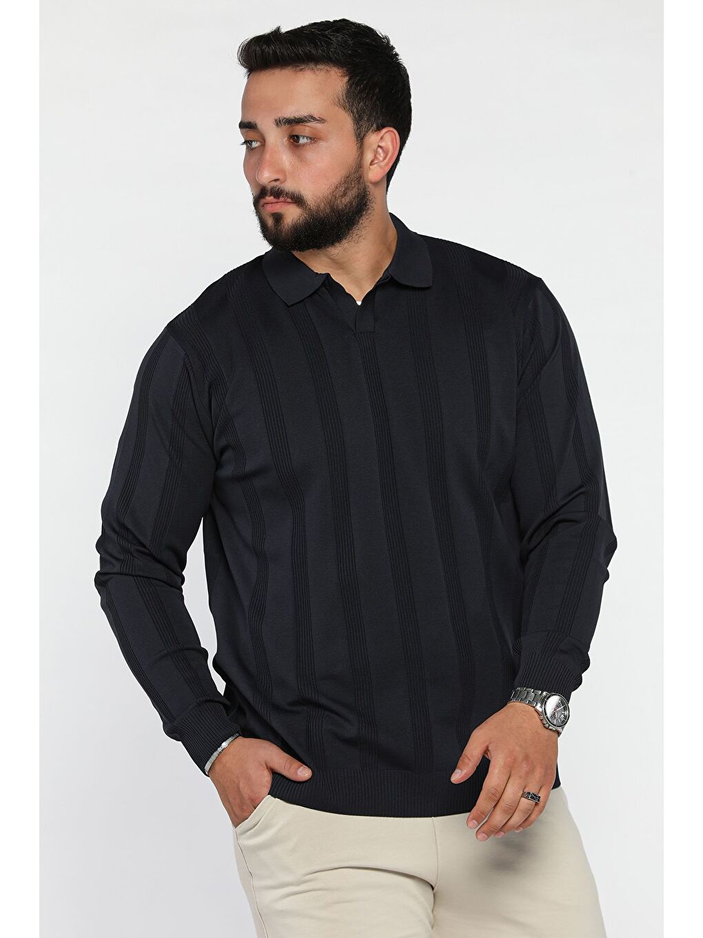 Lacivert Polo Yaka Desenli Erkek Triko Kazak-1