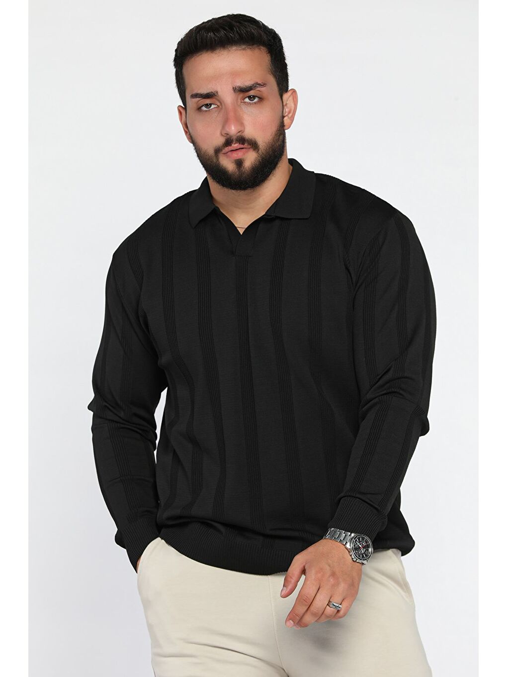 Siyah Polo Yaka Desenli Erkek Triko Kazak-1