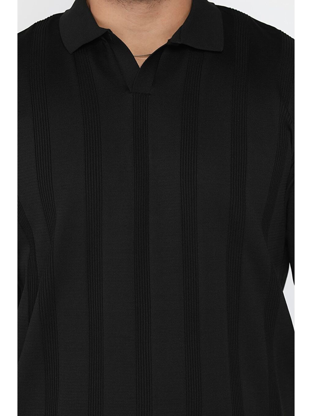 Siyah Polo Yaka Desenli Erkek Triko Kazak-3