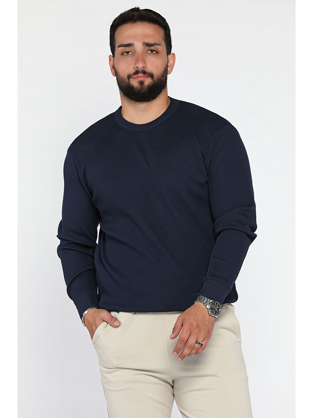 Lacivert Bisiklet Yaka Desenli Erkek Triko Kazak