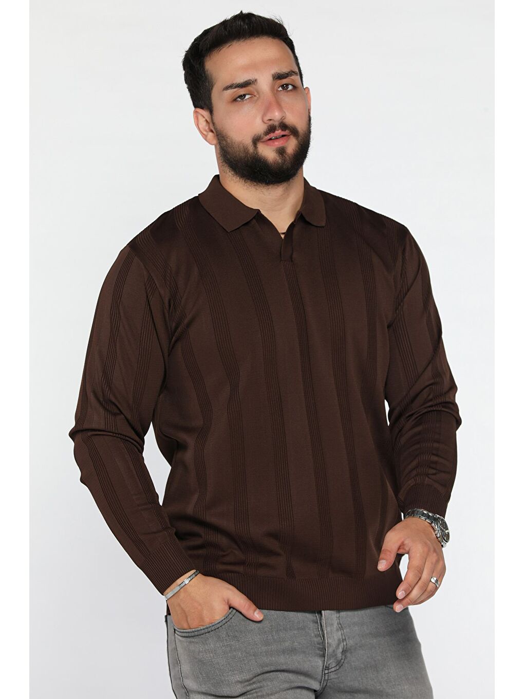 Kahverengi Polo Yaka Desenli Erkek Triko Kazak