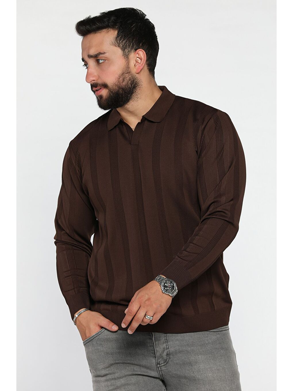 Kahverengi Polo Yaka Desenli Erkek Triko Kazak-1