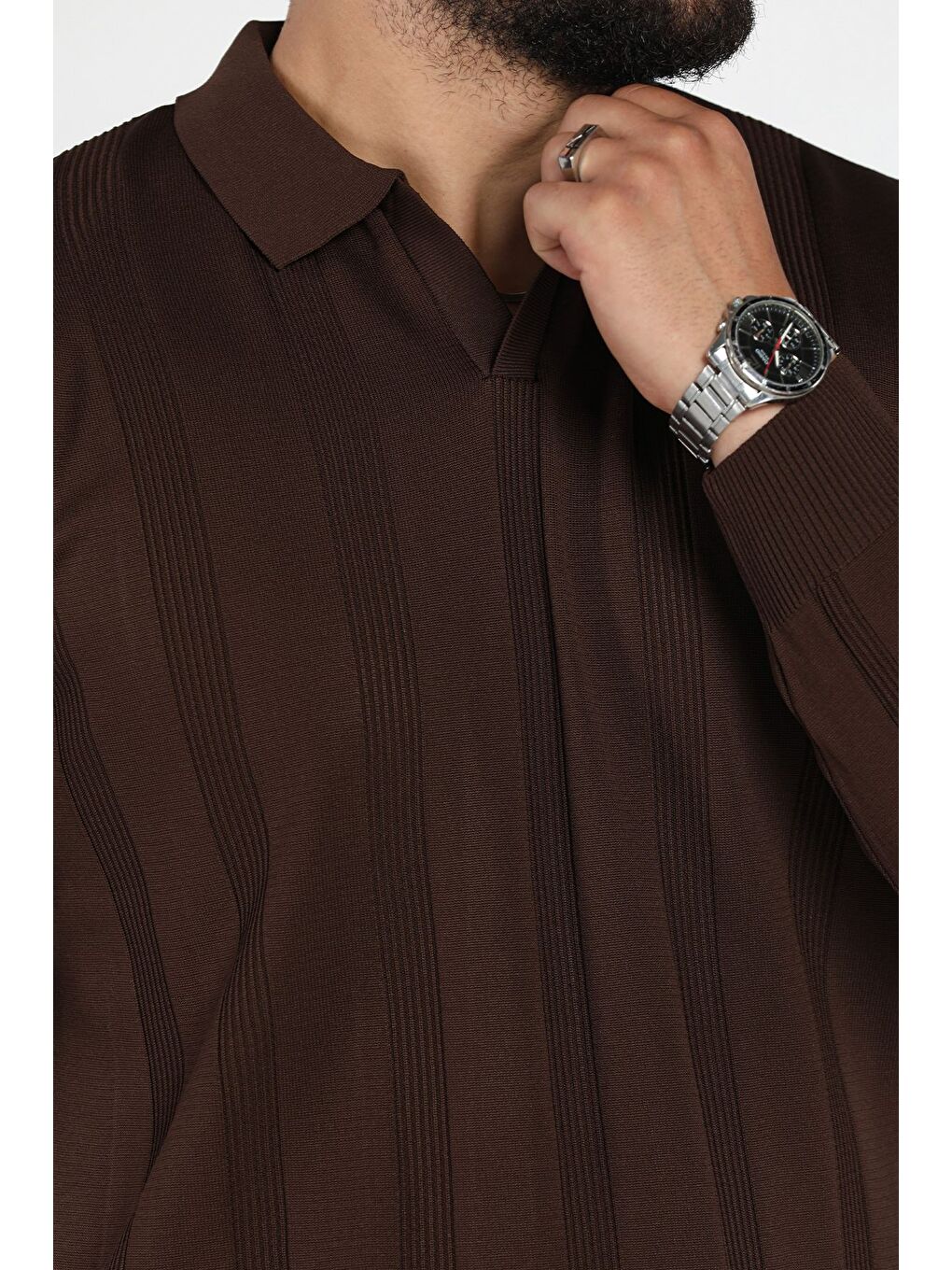 Kahverengi Polo Yaka Desenli Erkek Triko Kazak-3