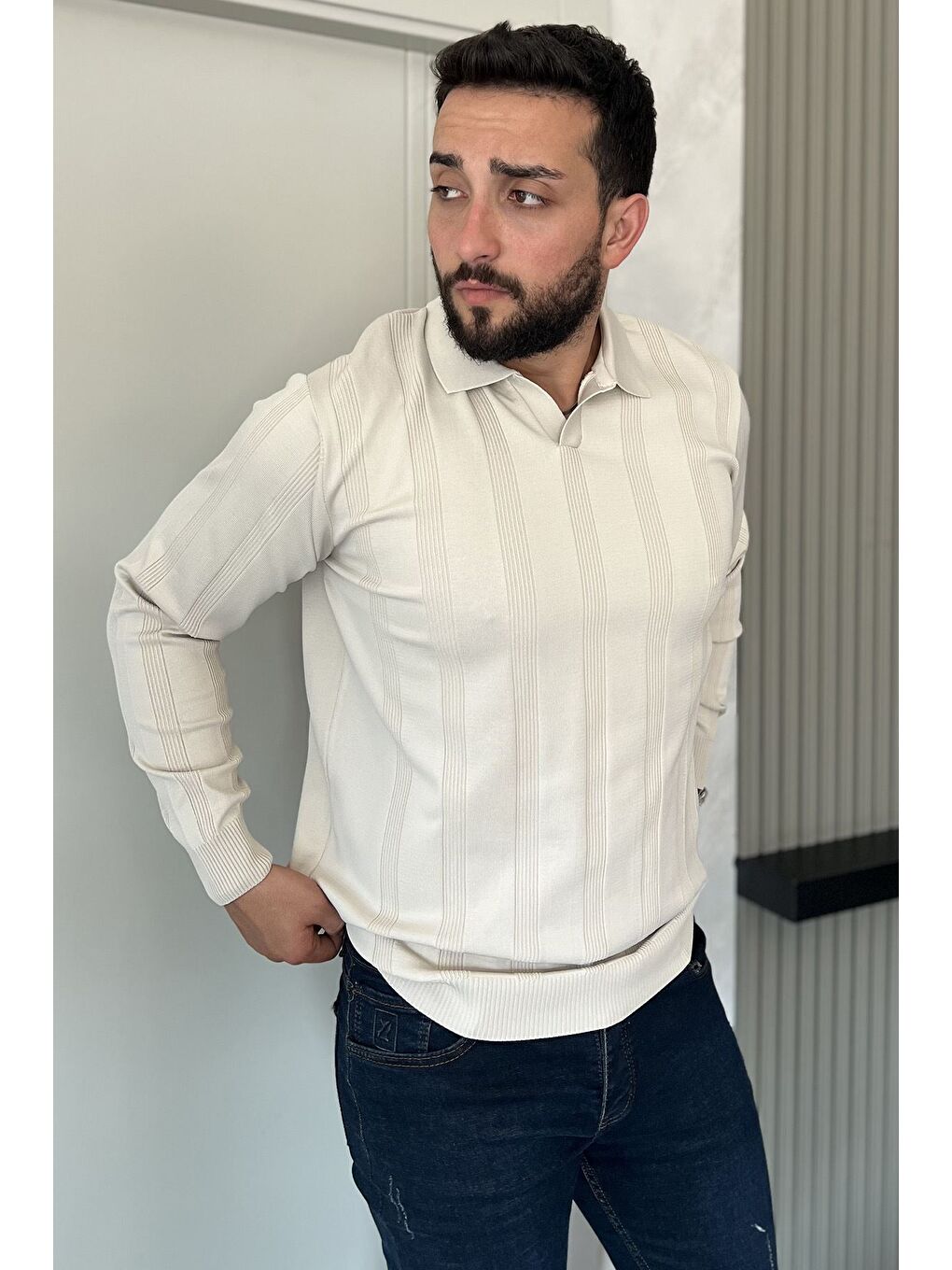 Bej Polo Yaka Desenli Erkek Triko Kazak-1