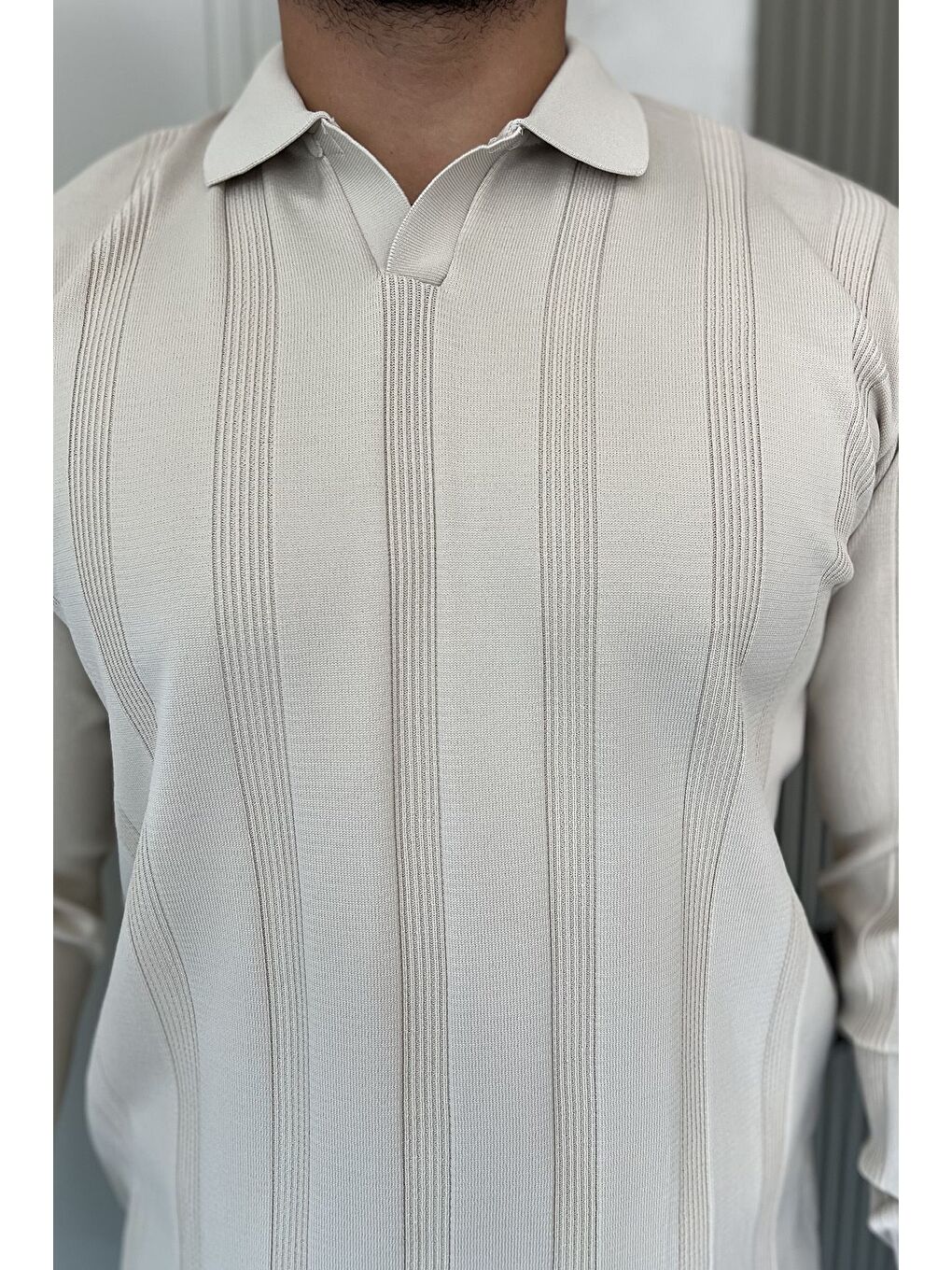 Bej Polo Yaka Desenli Erkek Triko Kazak-2