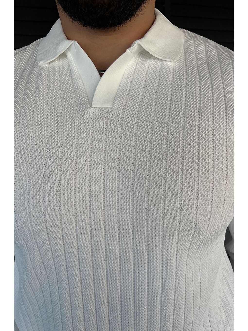 Beyaz Erkek Polo Yaka Desenli Triko Kazak-2