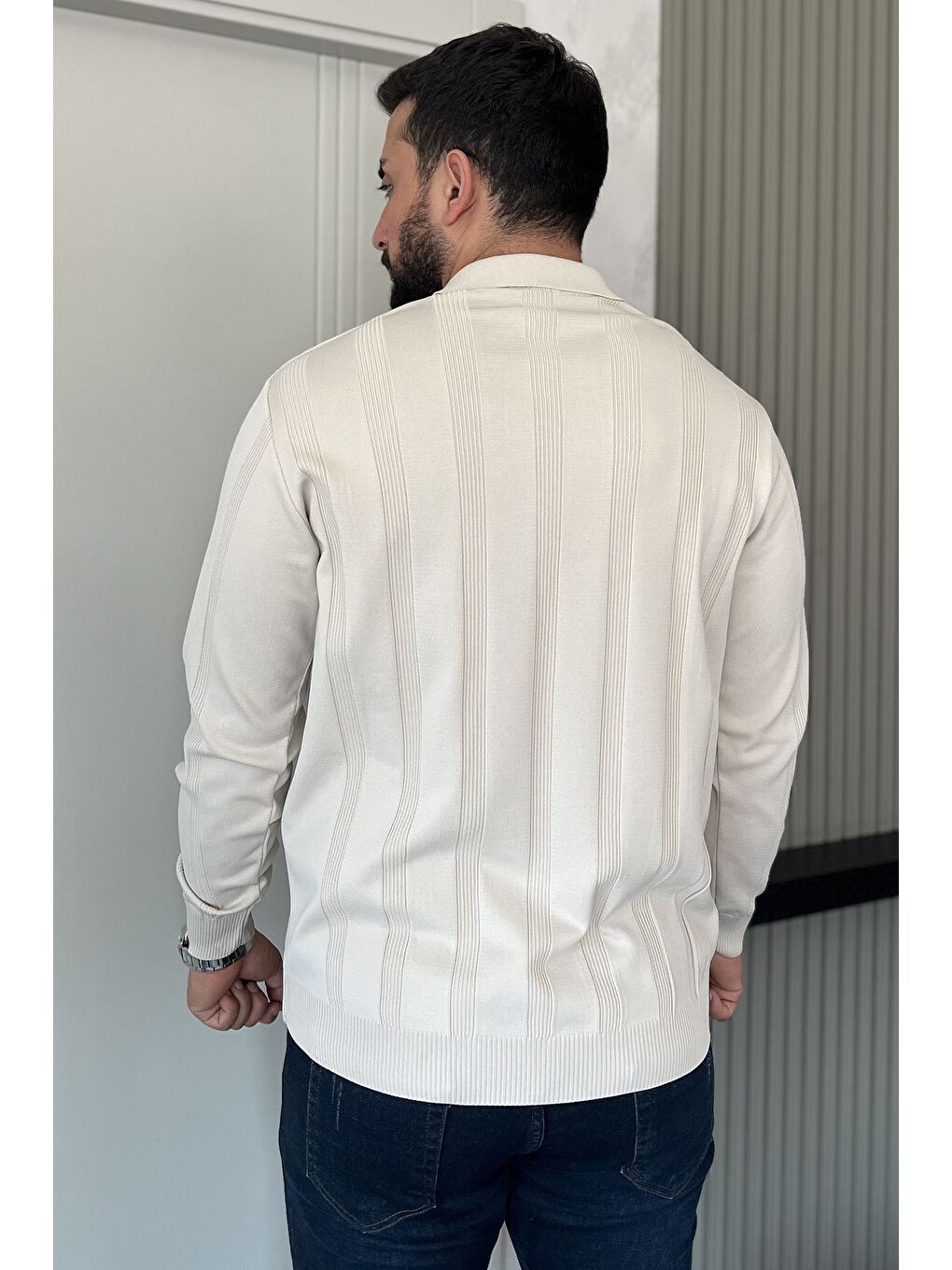 Bej Polo Yaka Desenli Erkek Triko Kazak-3