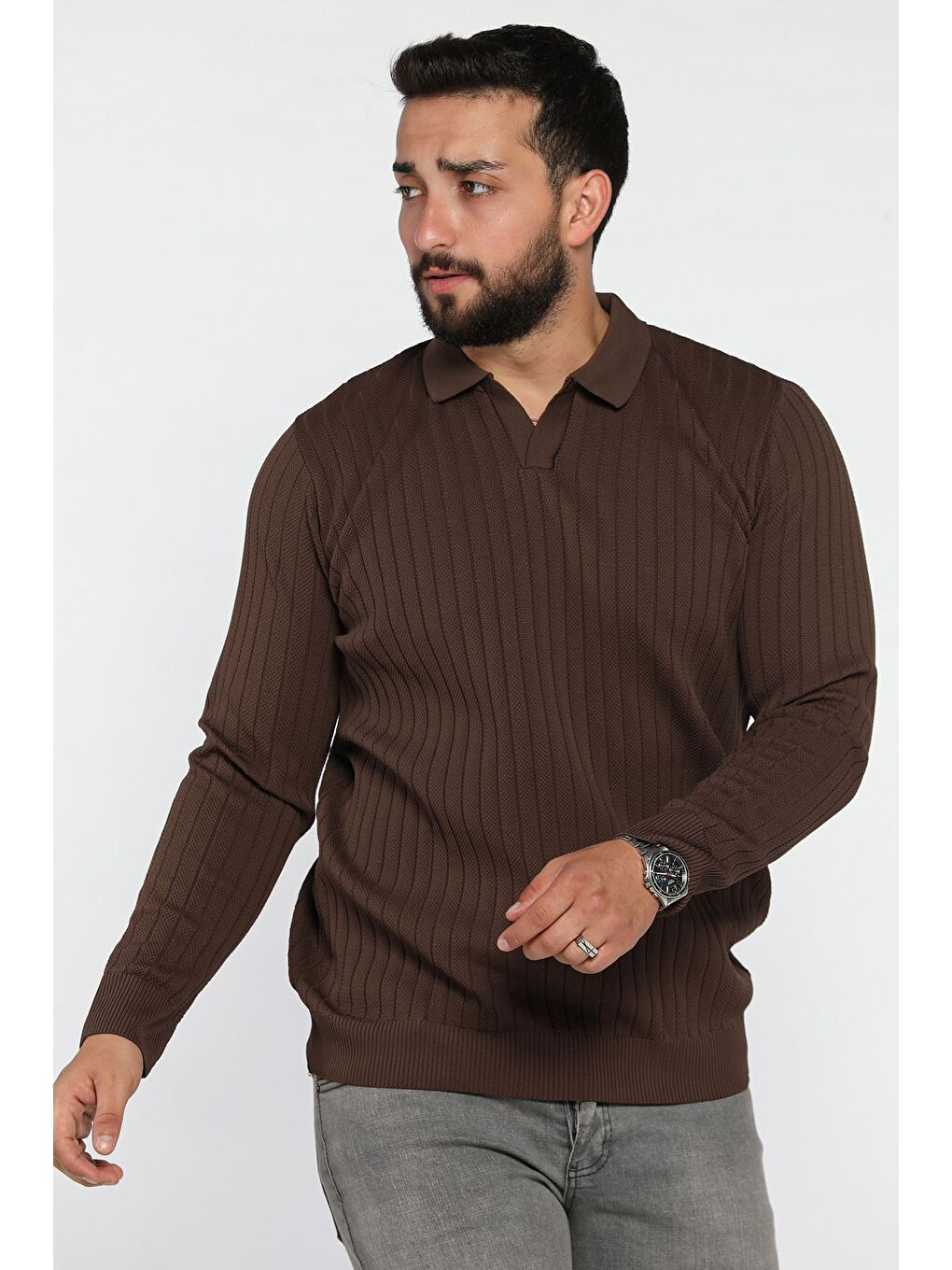 Kahverengi Erkek Polo Yaka Desenli Triko Kazak-1