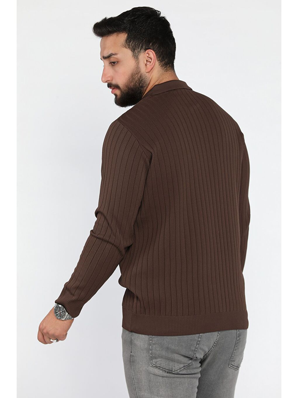 Kahverengi Erkek Polo Yaka Desenli Triko Kazak-2