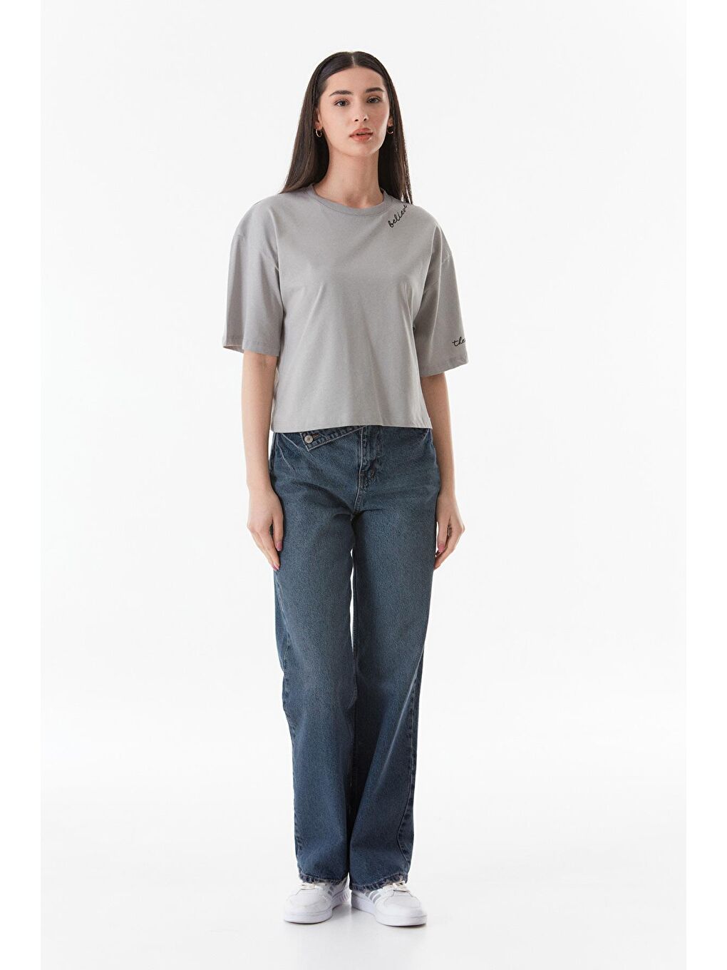 Gri Believe Baskılı Bisiklet Yaka Tişört