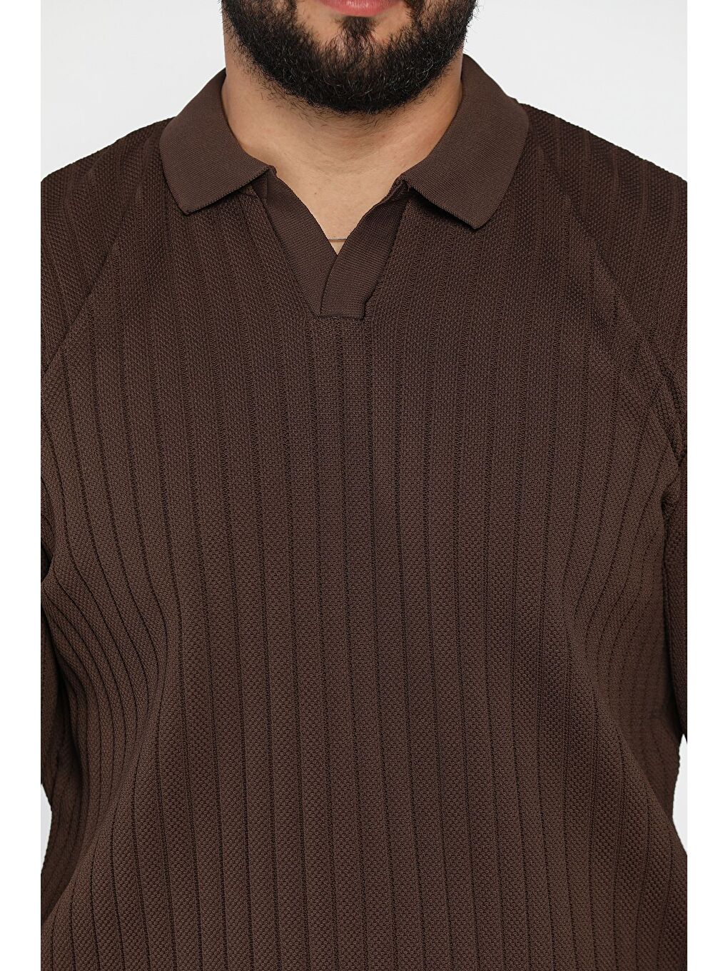 Kahverengi Erkek Polo Yaka Desenli Triko Kazak-3