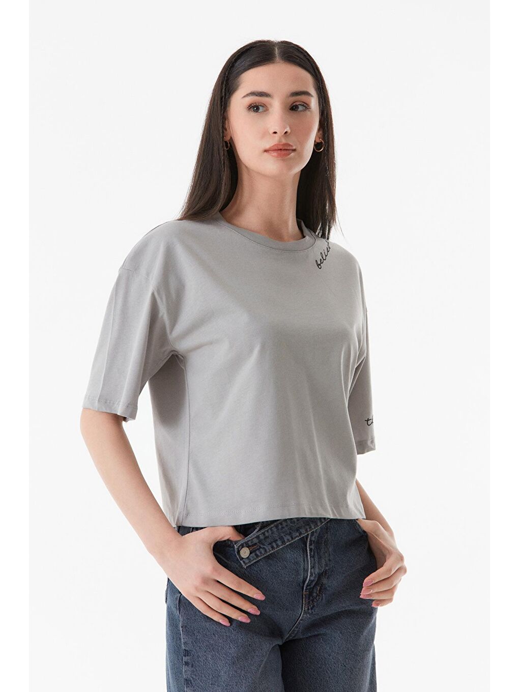 Gri Believe Baskılı Bisiklet Yaka Tişört-2