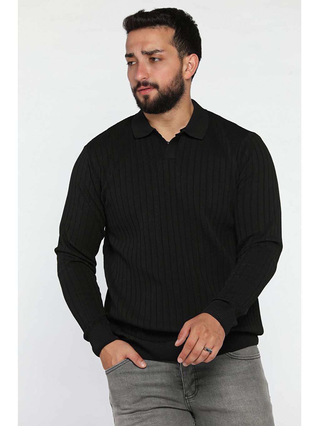 Siyah Erkek Polo Yaka Desenli Triko Kazak-1