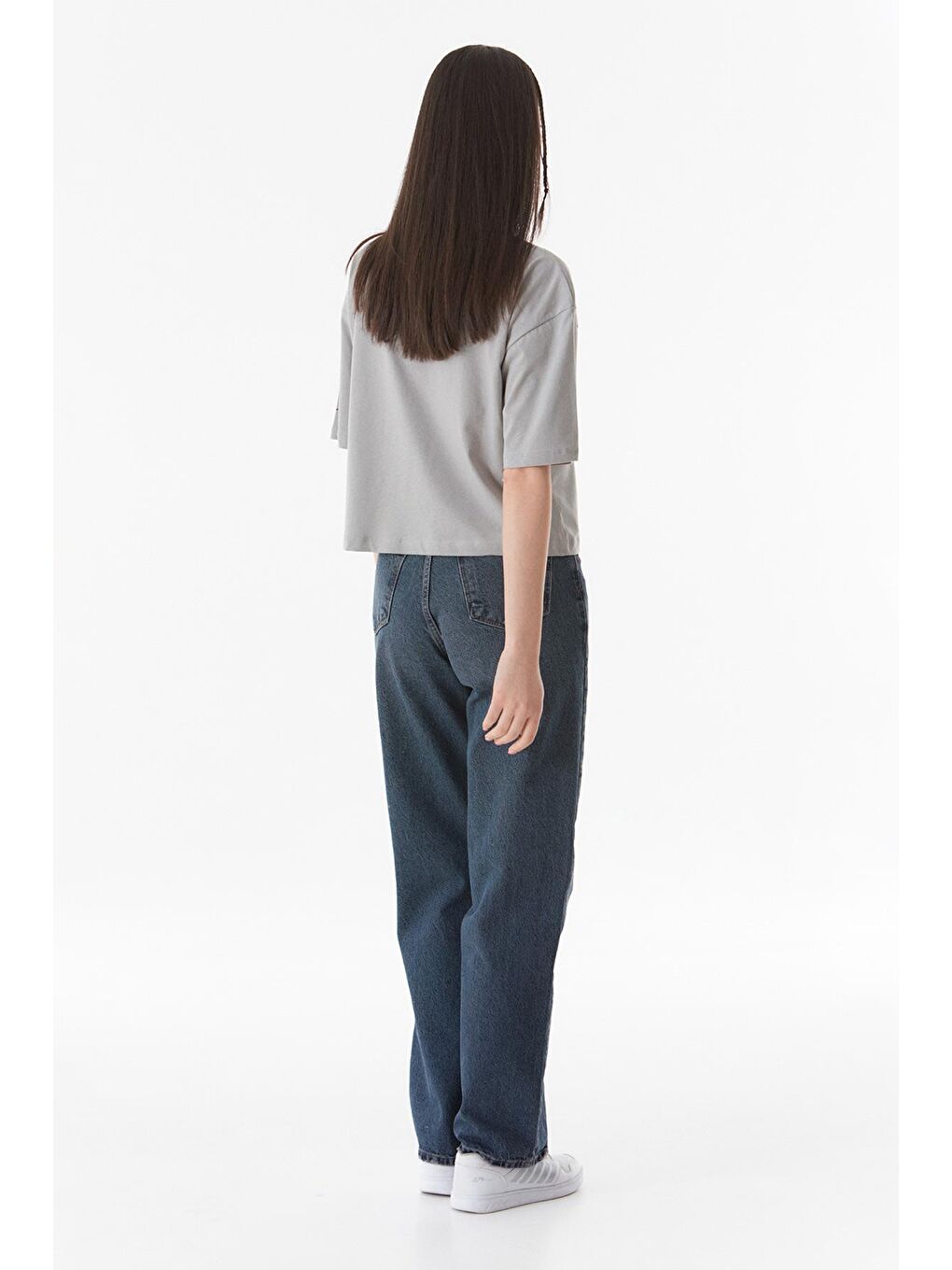 Gri Believe Baskılı Bisiklet Yaka Tişört-3