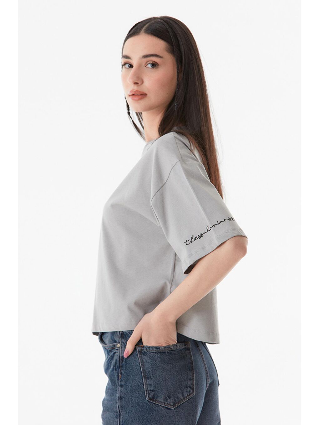 Gri Believe Baskılı Bisiklet Yaka Tişört-4