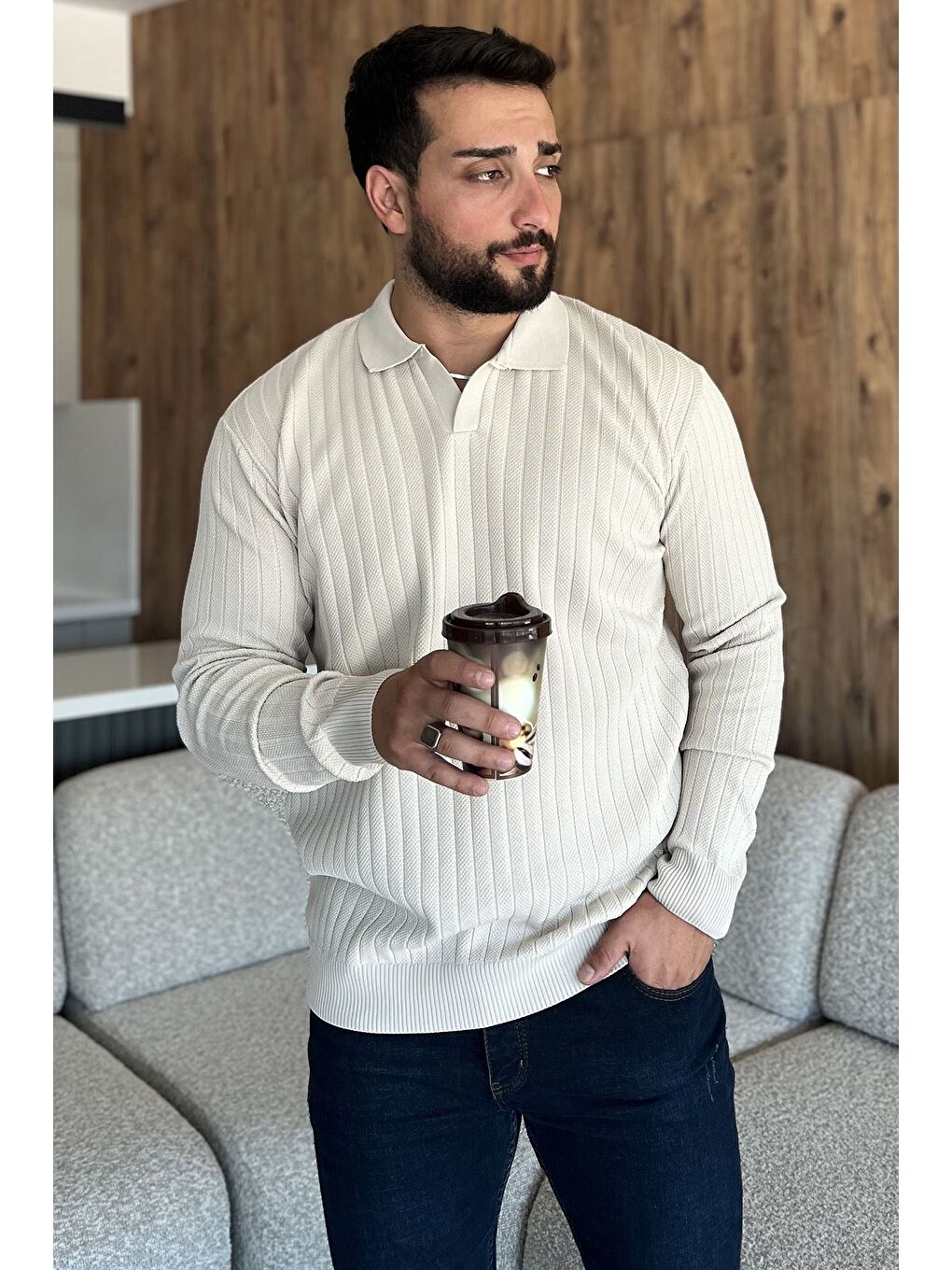 Bej Erkek Polo Yaka Desenli Triko Kazak-1