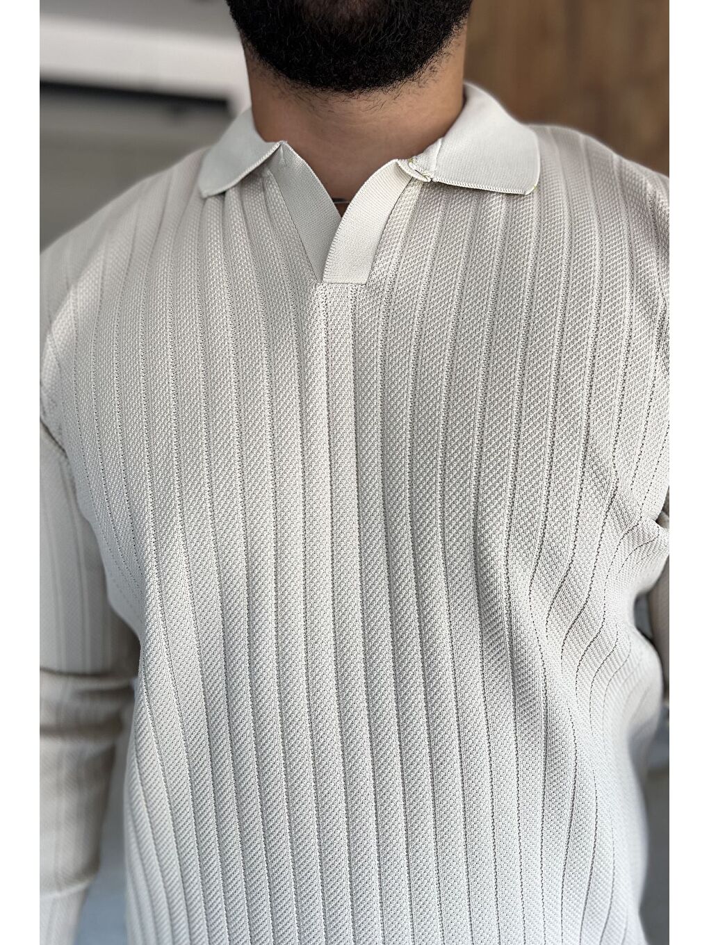 Bej Erkek Polo Yaka Desenli Triko Kazak-2