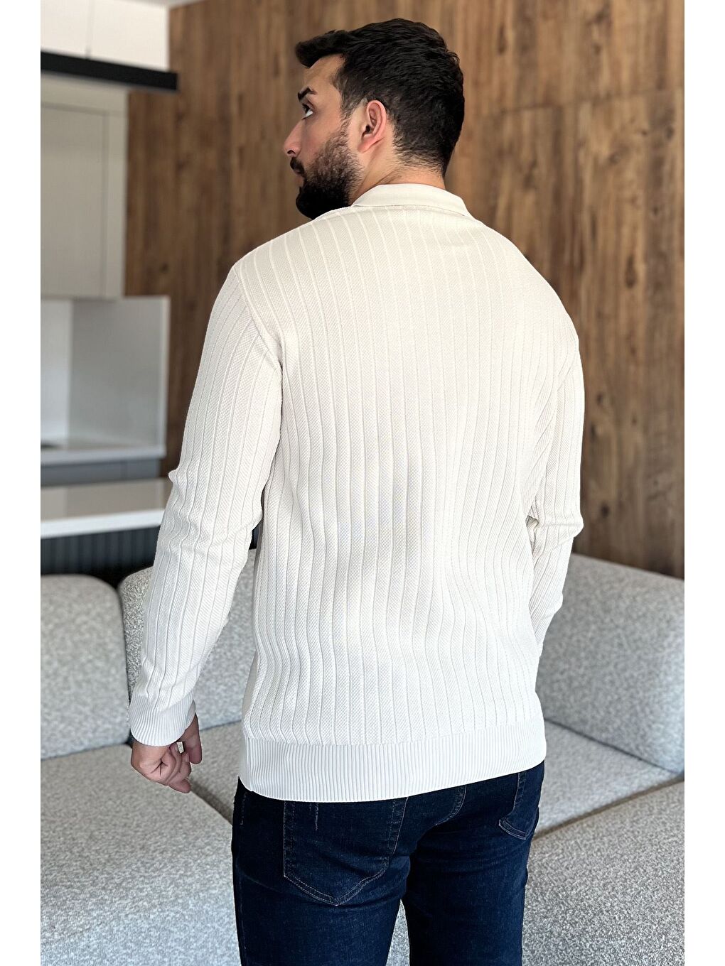 Bej Erkek Polo Yaka Desenli Triko Kazak-3