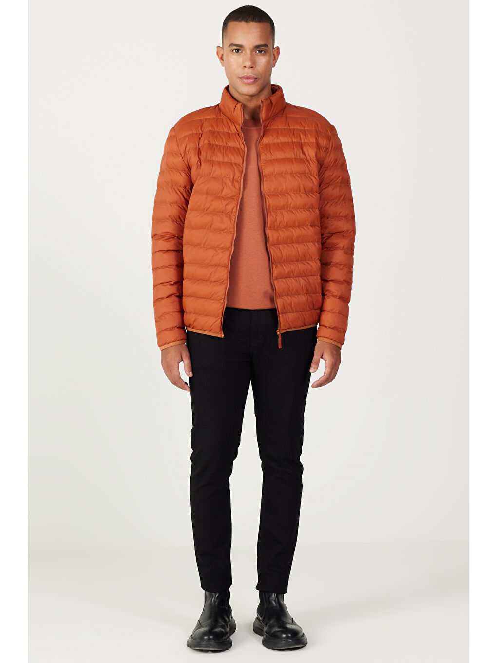 Kahverengi Erkek Kiremit Standart Fit Normal Kesim Dik Yaka Mont-1