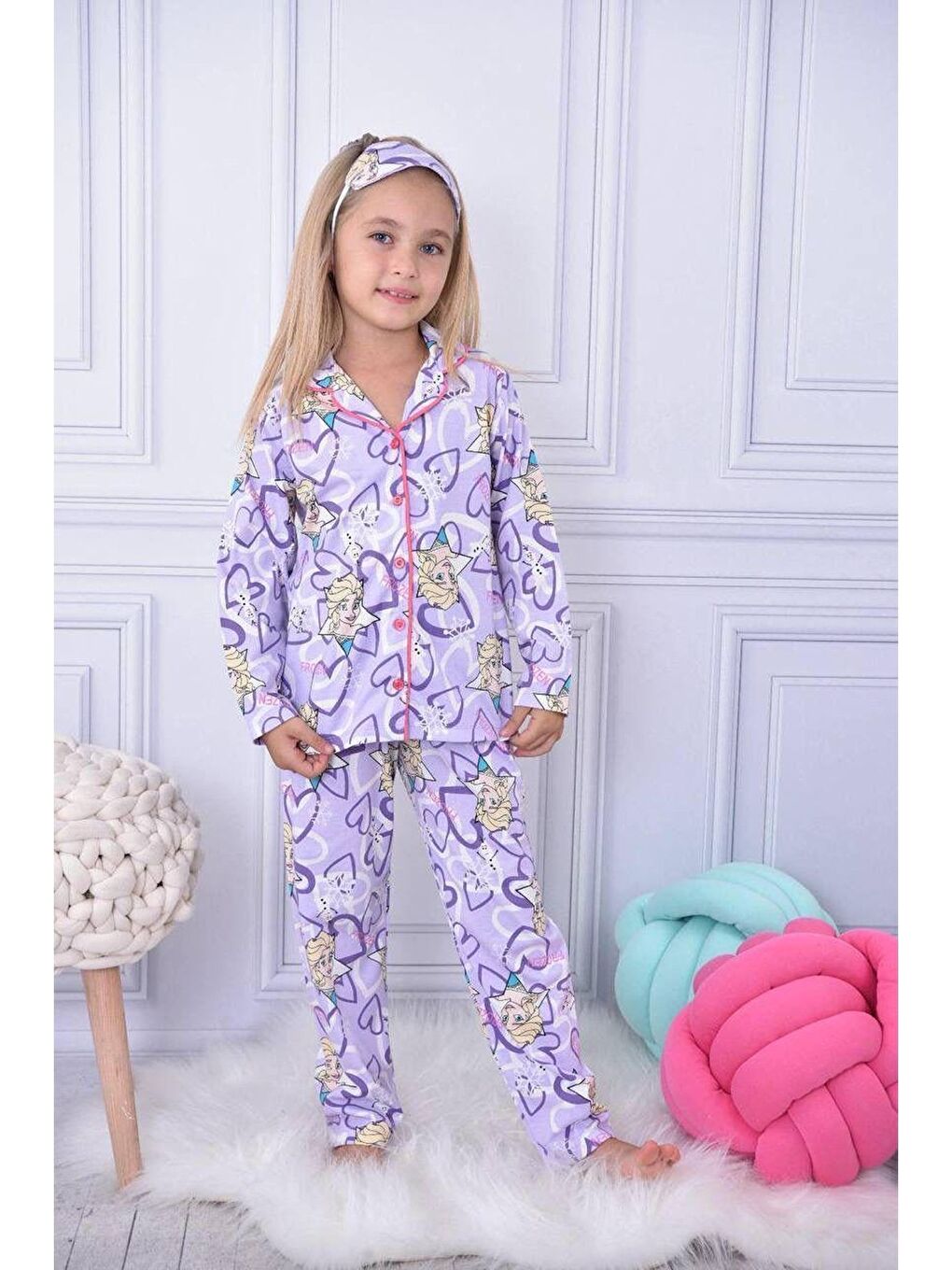 Lila Kız Çocuk Göz Bantlı Frozen Elsa Düğmeli Uzun Kollu Pijama Takımı