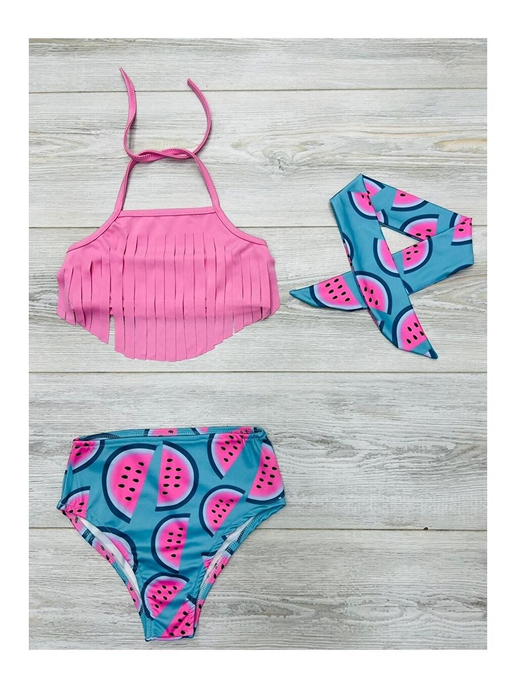 Pembe Bandanalı Fırfır Detaylı Yüksek Bel Kız Çocuk Mayo Takımı