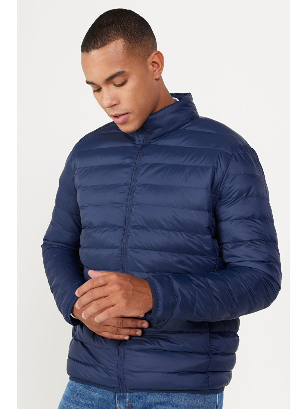 Erkek Lacivert Standart Fit Normal Kesim Dik Yaka Mont-3