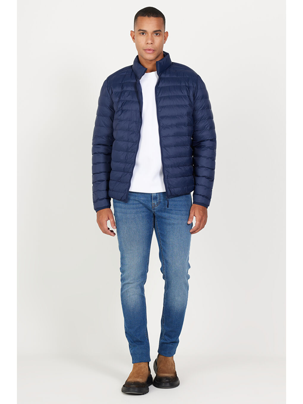 Erkek Lacivert Standart Fit Normal Kesim Dik Yaka Mont-4