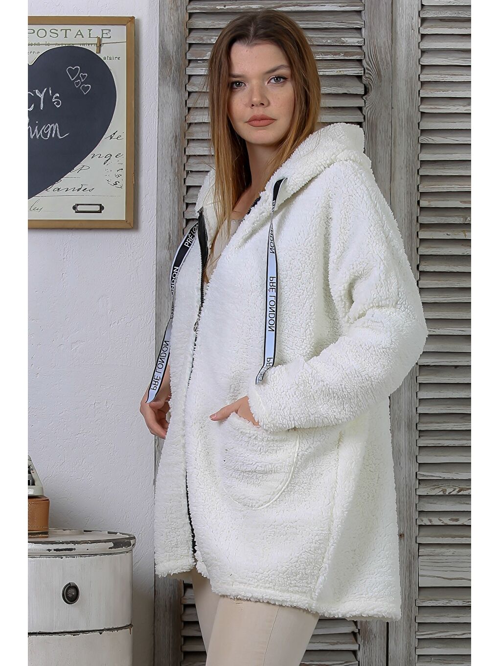 Ekru Uzun Kol Fermuarlı Cepli Kapüşonlu Casual Pelüş Uzun Dokuma Ceket-3