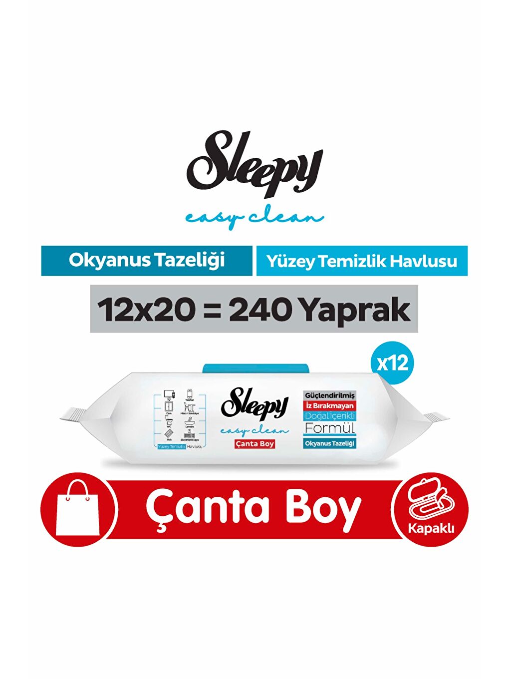 Easy Clean Okyanus Tazeliği Yüzey Temizlik Havlusu Çanta Boy 12x20 (240 Yaprak)