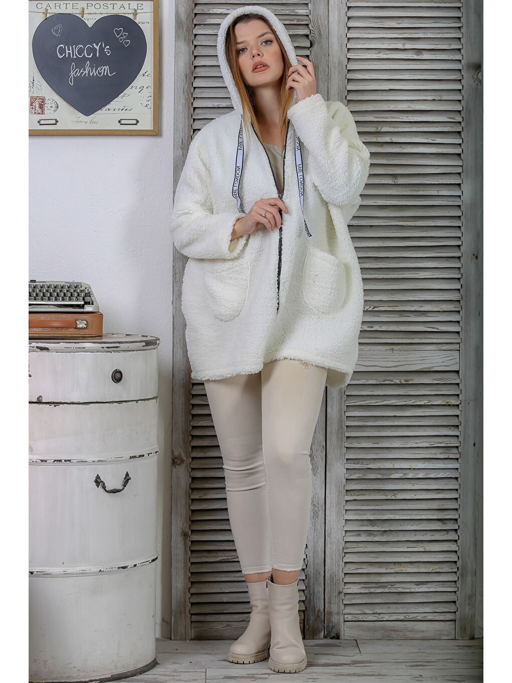 Ekru Uzun Kol Fermuarlı Cepli Kapüşonlu Casual Pelüş Uzun Dokuma Ceket-4