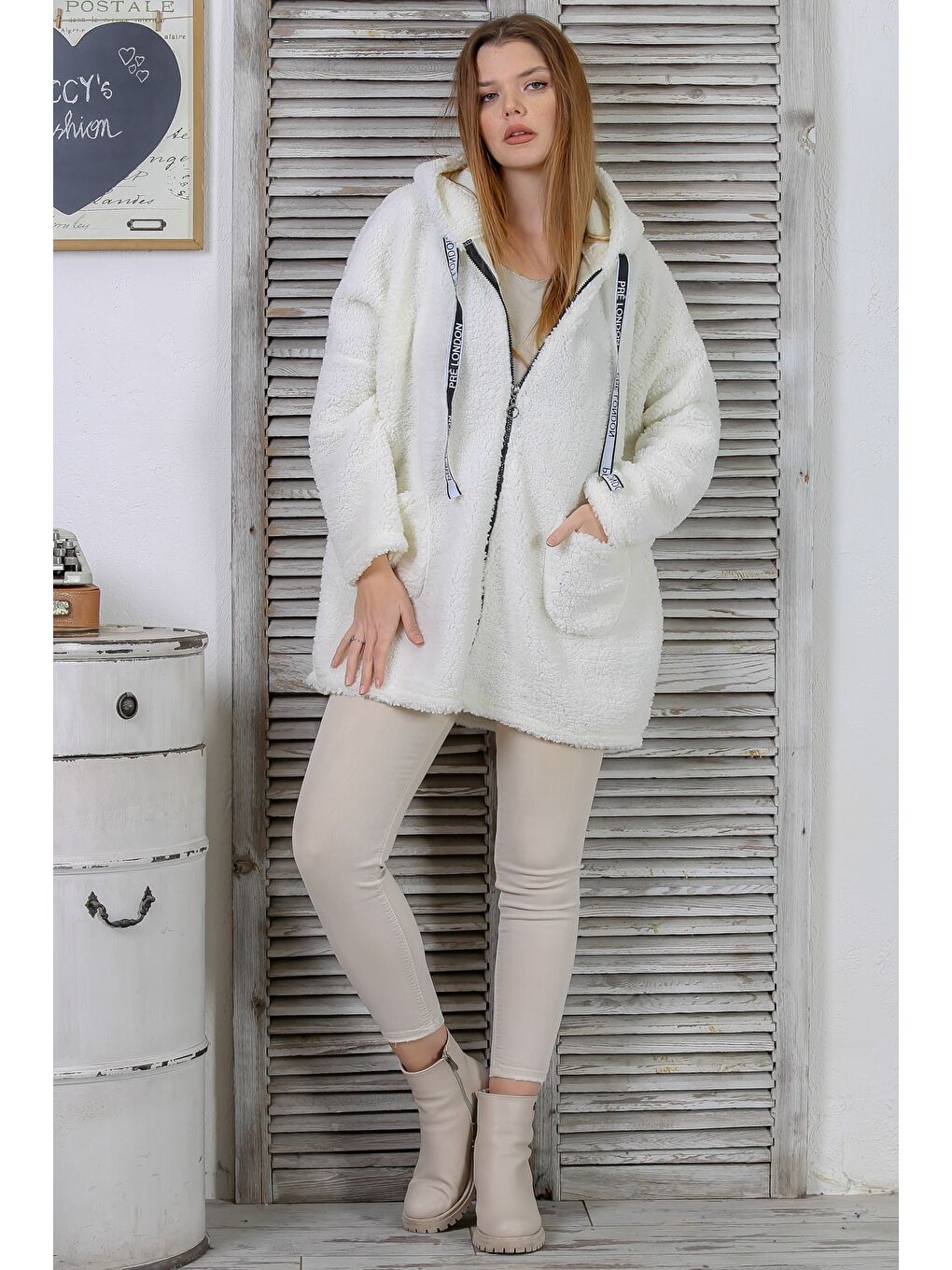 Ekru Uzun Kol Fermuarlı Cepli Kapüşonlu Casual Pelüş Uzun Dokuma Ceket-5