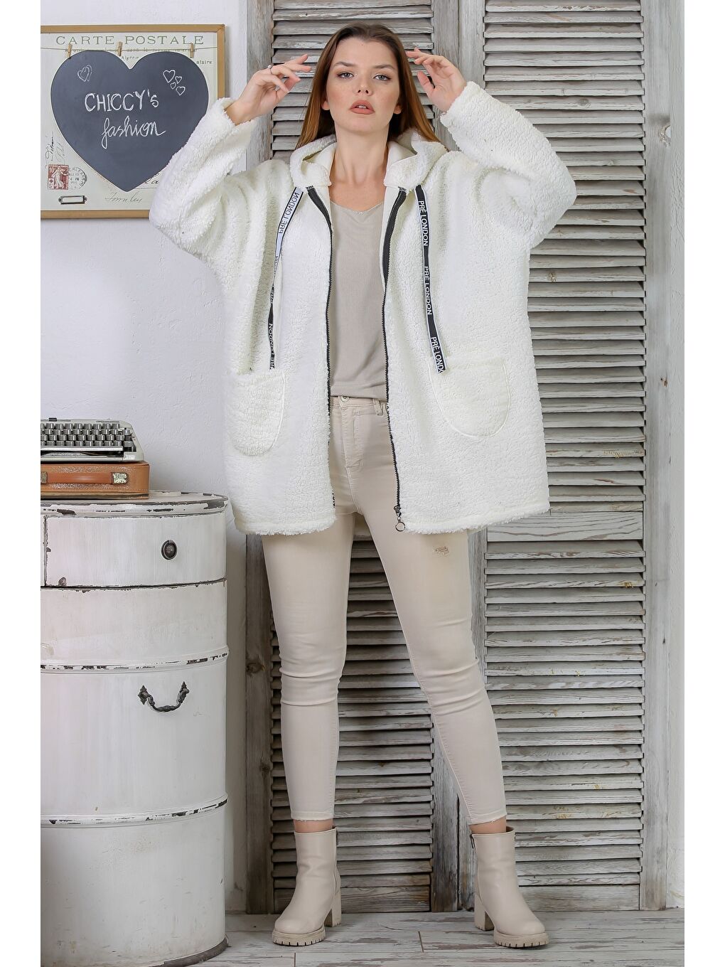 Ekru Uzun Kol Fermuarlı Cepli Kapüşonlu Casual Pelüş Uzun Dokuma Ceket-6