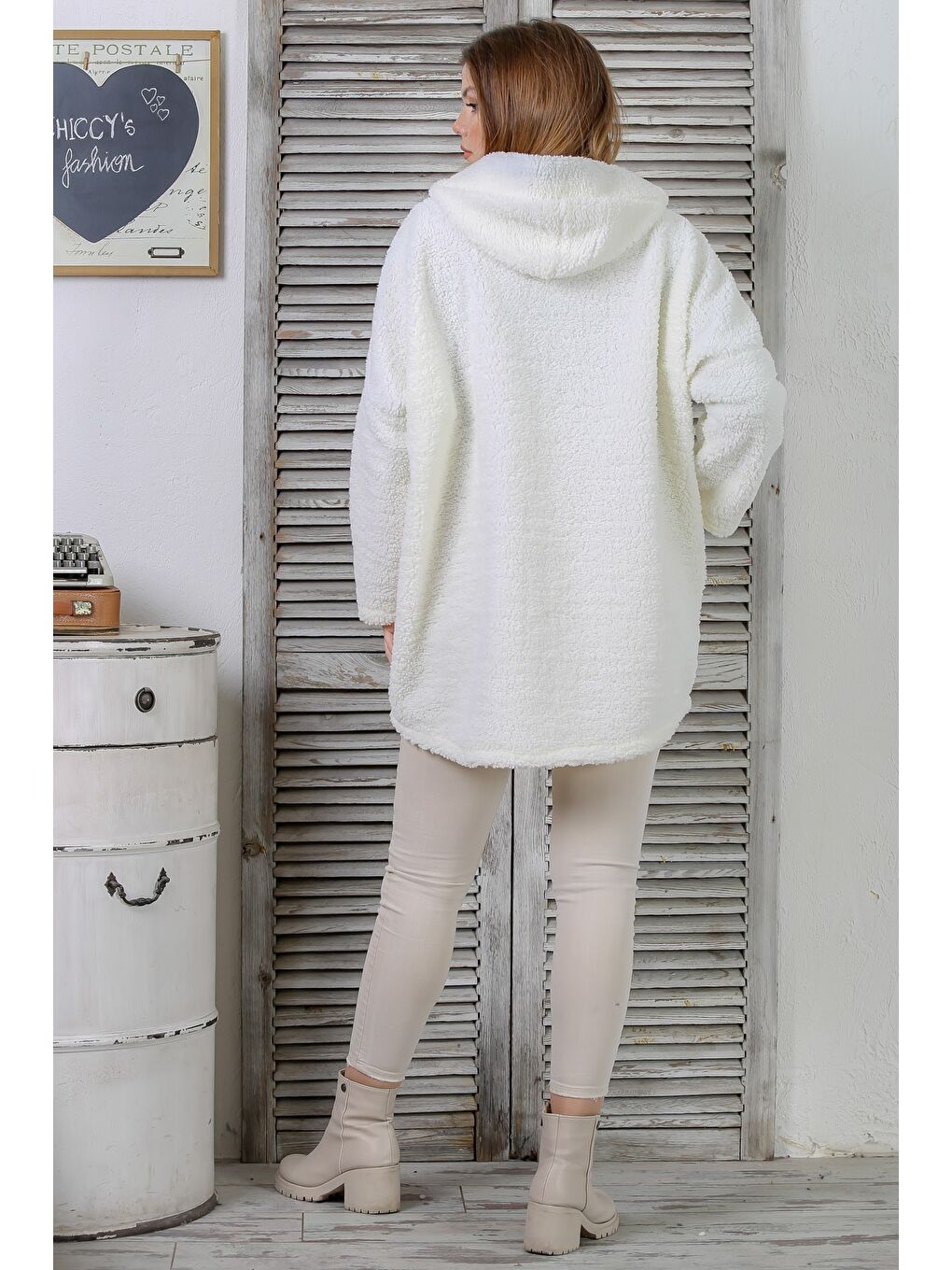 Ekru Uzun Kol Fermuarlı Cepli Kapüşonlu Casual Pelüş Uzun Dokuma Ceket-7