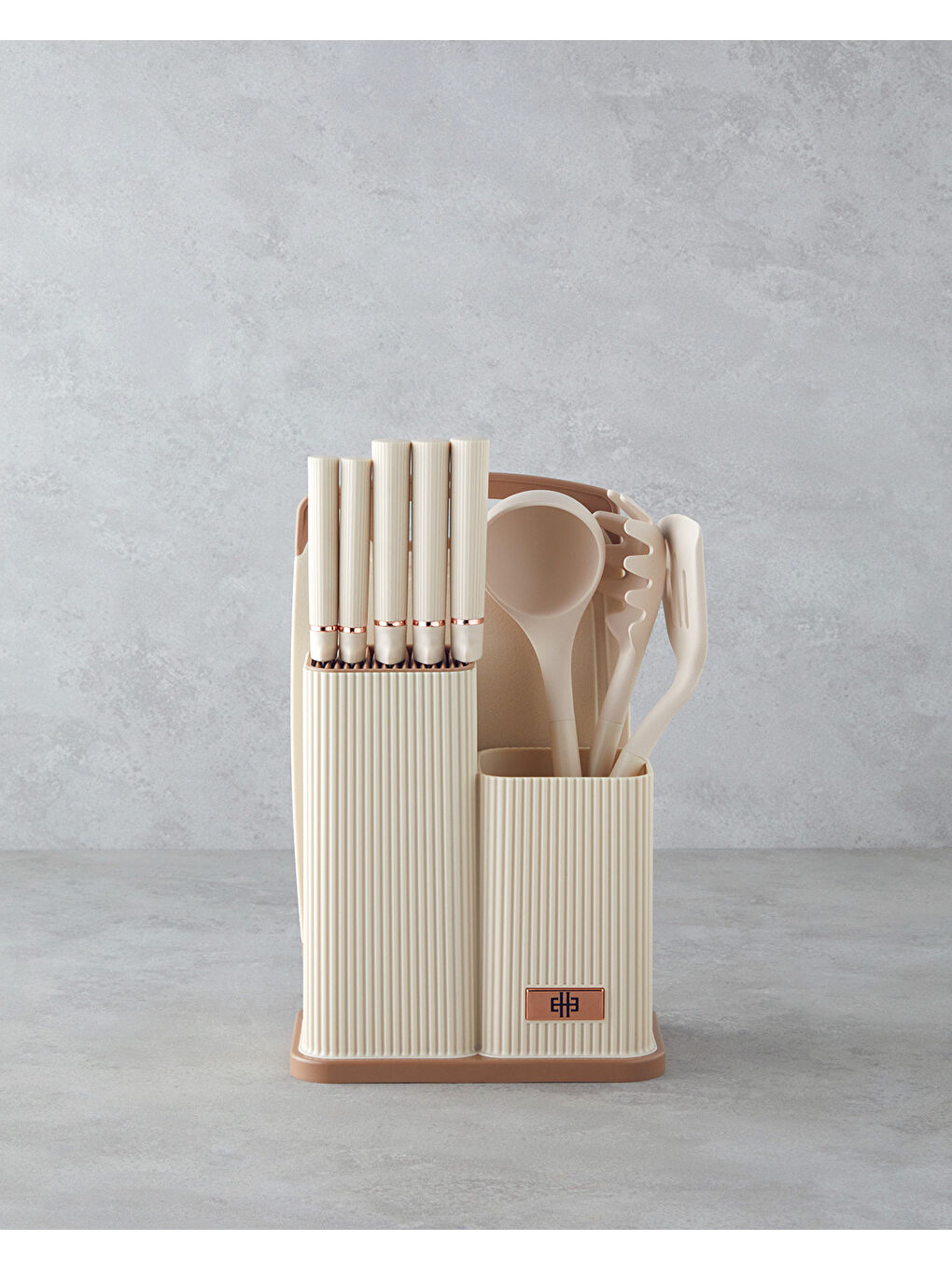 Ekru Pro Cut Silikon,Plastik,Paslanmaz Çelik Kesme Tahtası, Servis Gereci Bıçak Seti 21.5x13x20 cm Krem