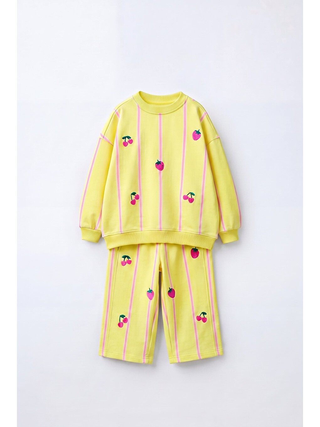 Karışık Kız Çocuk Çilek Kiraz Desenli Sarı Sweatshirt Ve Eşofman Takımı