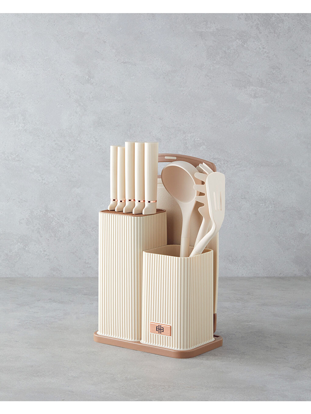 Ekru Pro Cut Silikon,Plastik,Paslanmaz Çelik Kesme Tahtası, Servis Gereci Bıçak Seti 21.5x13x20 cm Krem-1