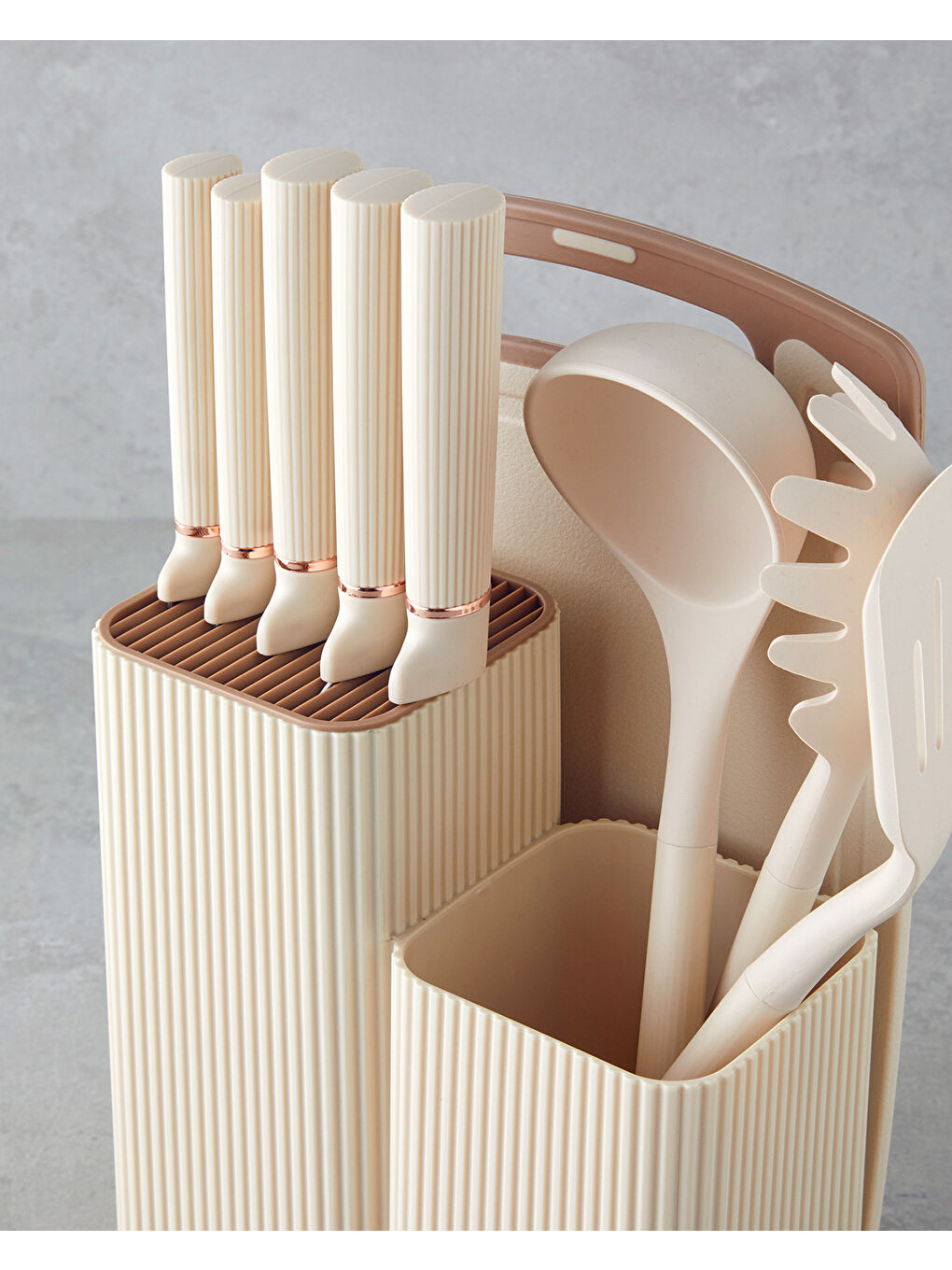 Ekru Pro Cut Silikon,Plastik,Paslanmaz Çelik Kesme Tahtası, Servis Gereci Bıçak Seti 21.5x13x20 cm Krem-4