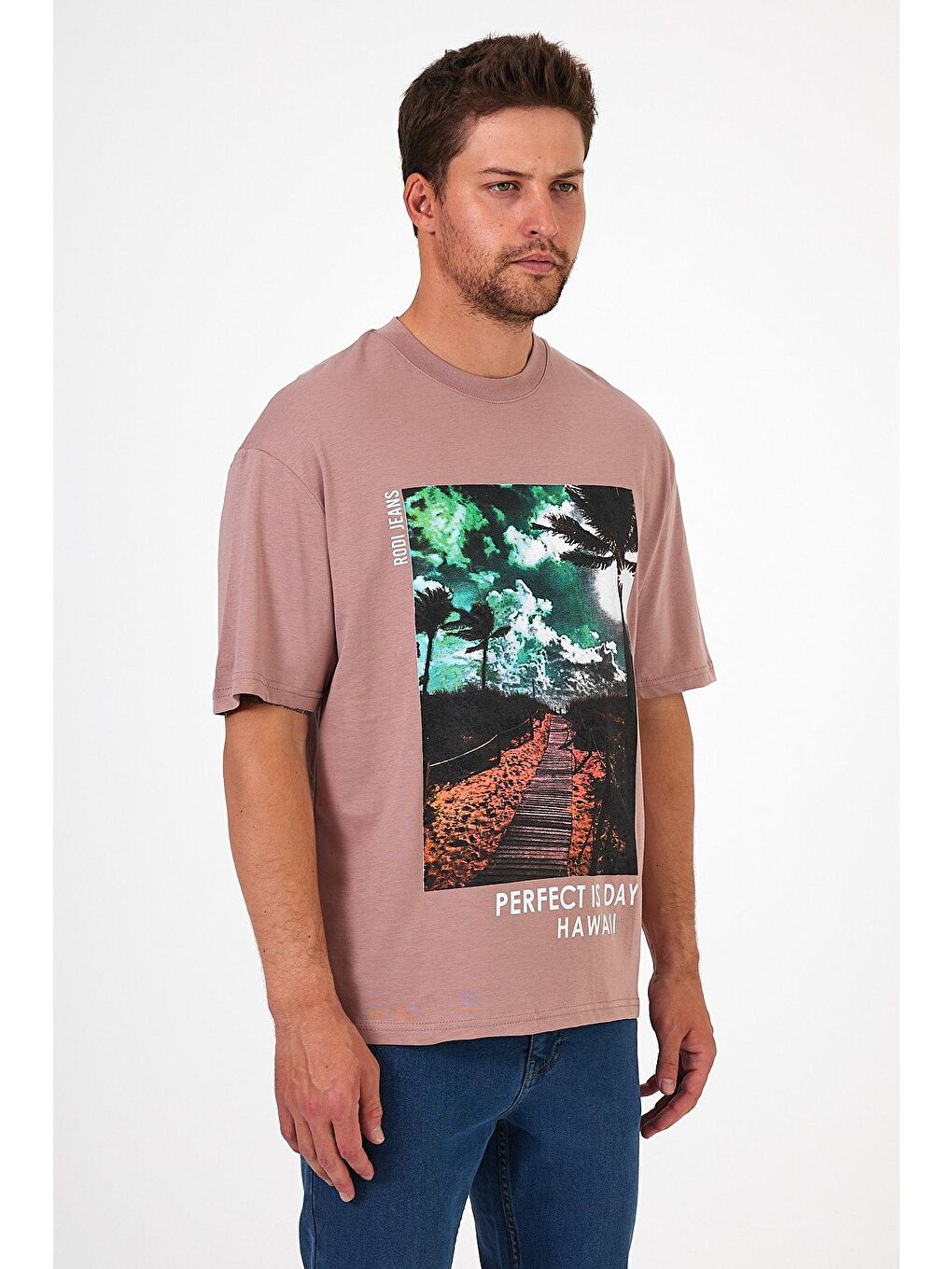 Pembe Bisiklet Yaka Hawaıı Baskılı Erkek Tişört 7021-1