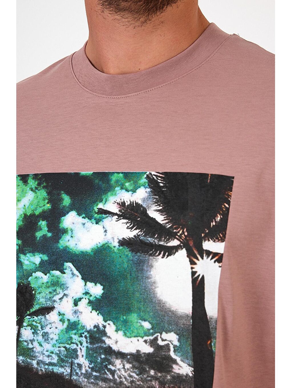 Pembe Bisiklet Yaka Hawaıı Baskılı Erkek Tişört 7021-2