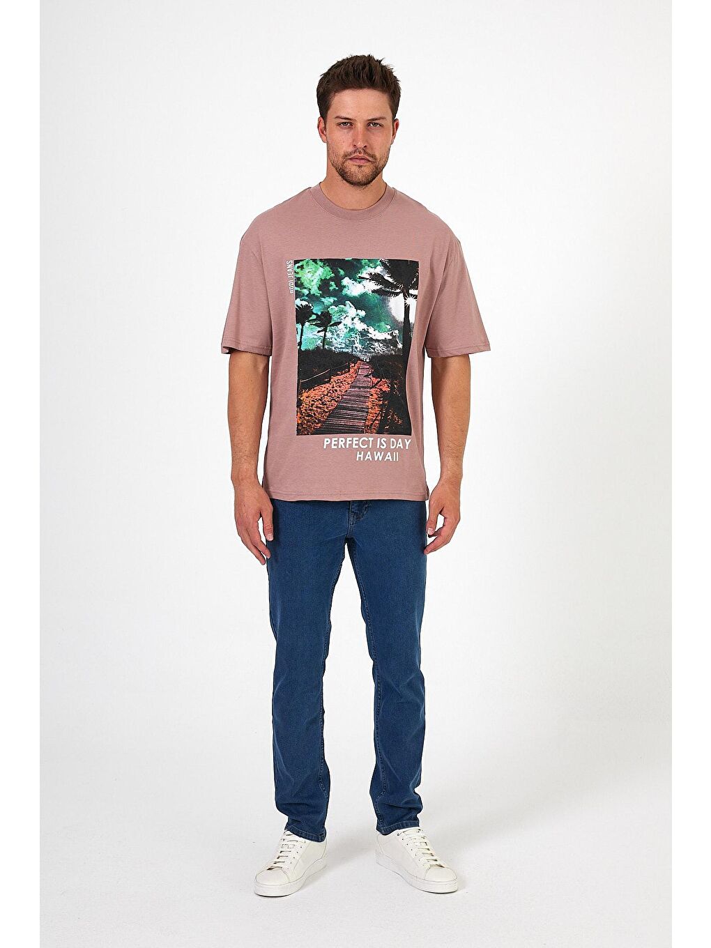 Pembe Bisiklet Yaka Hawaıı Baskılı Erkek Tişört 7021-4