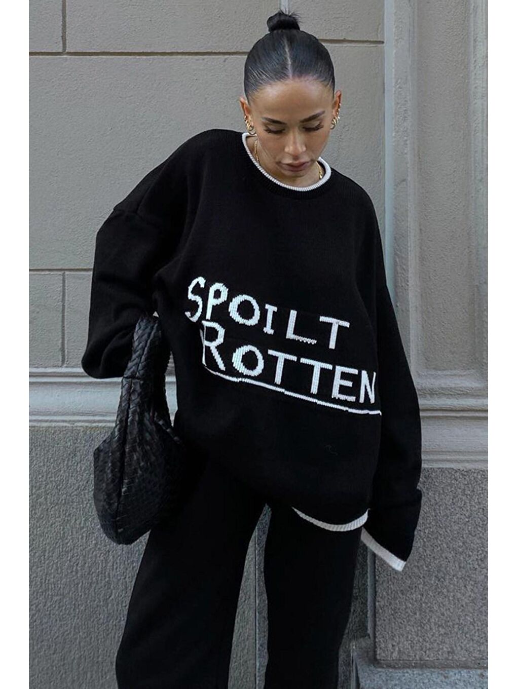 Siyah Yazılı Oversize Bisiklet Yaka Kadın Kazak