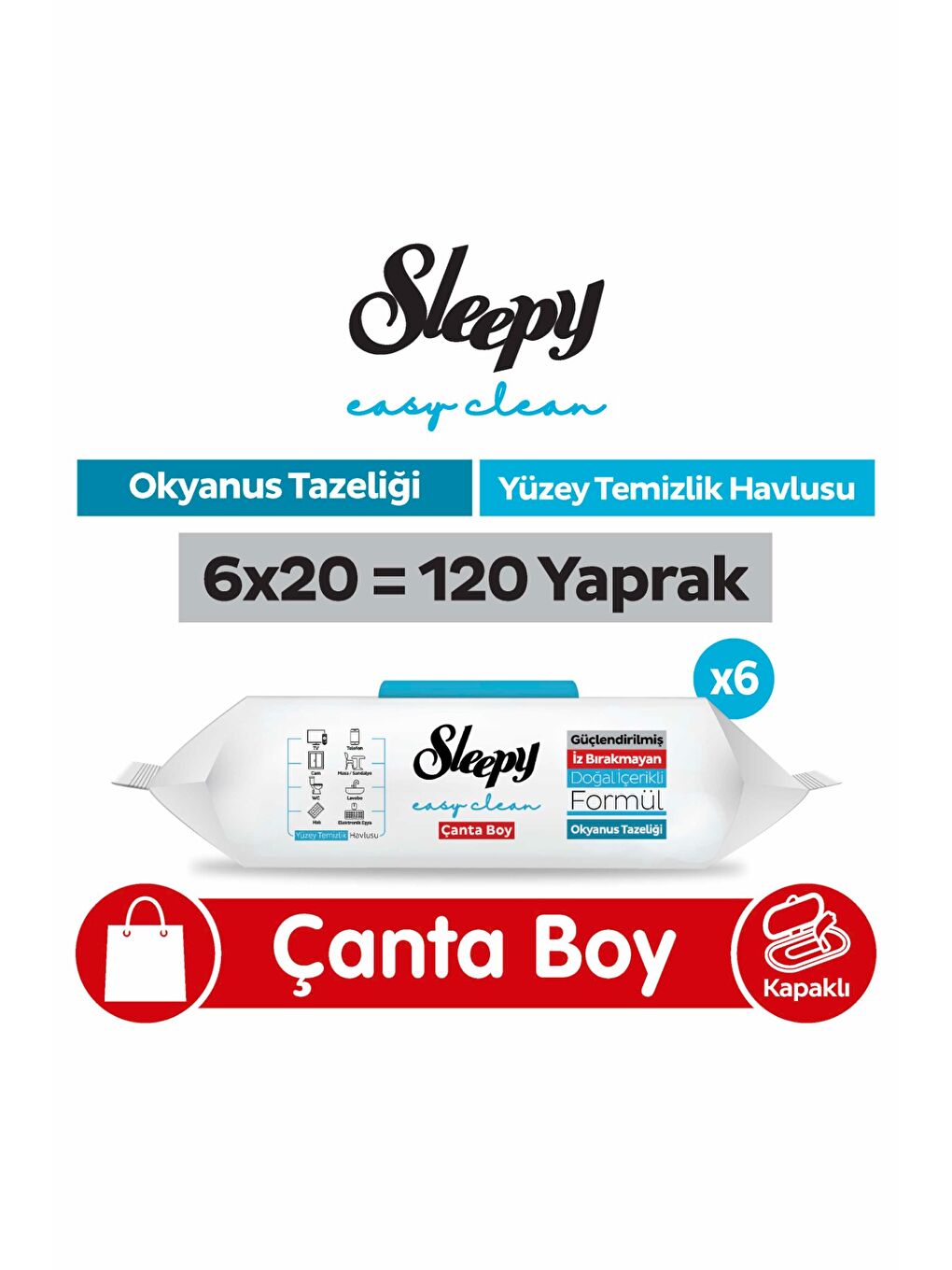 Easy Clean Okyanus Tazeliği Yüzey Temizlik Havlusu Çanta Boy 6x20 (120 Yaprak)