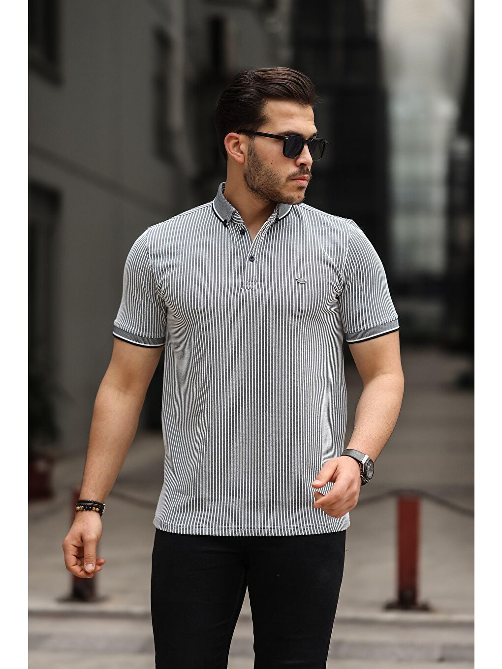 comstar Lacivert Erkek Kıvrılmaz Polo Yaka  Slim Fit Çizgili T-Shirt