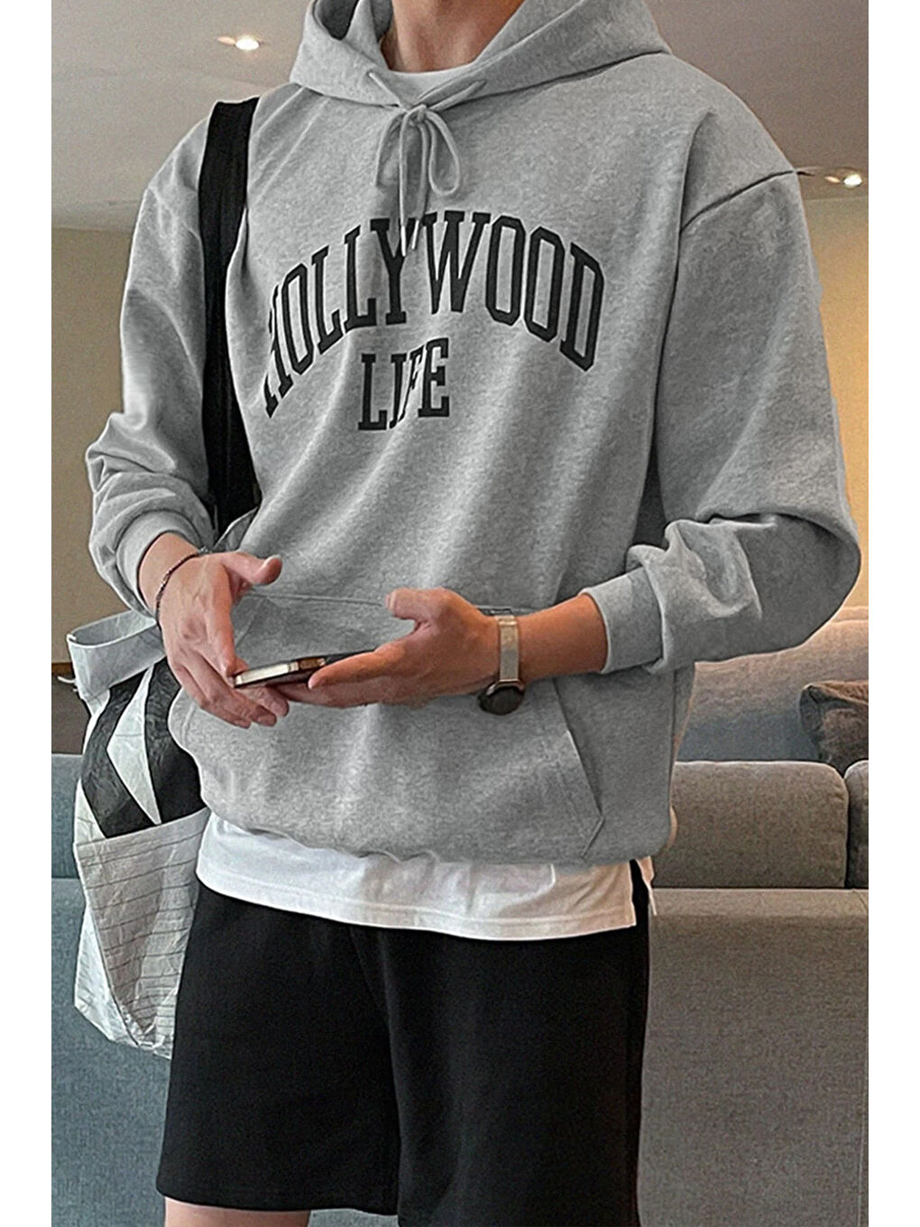 uyguntarz Gri Erkek Hoolywood Life Baskılı Oversize Sweatshirt - 1