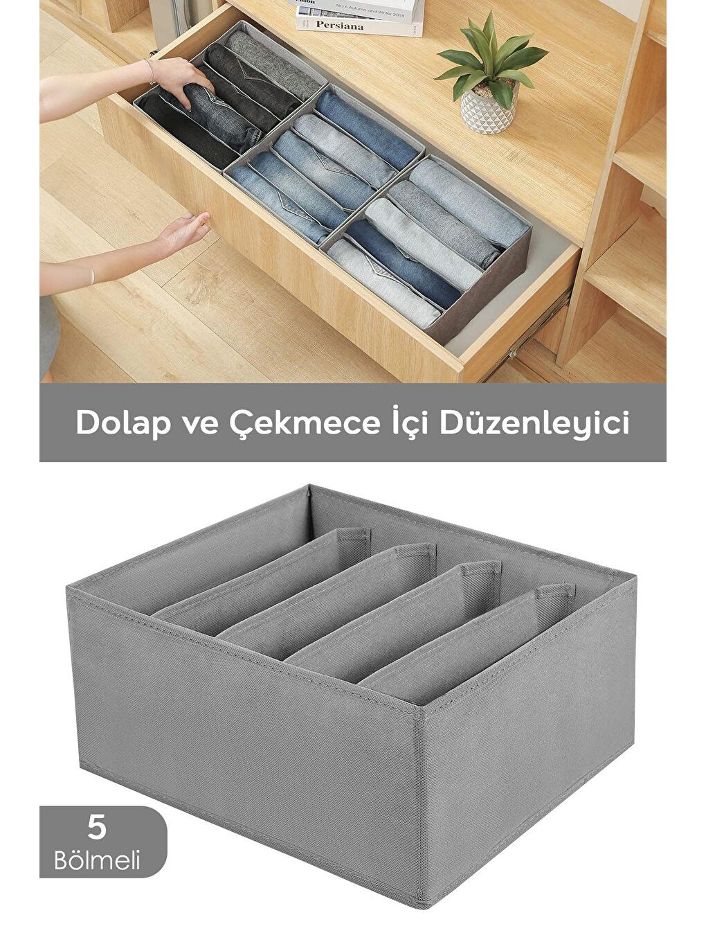 Gri 5 bölmeli Çekmece İçi Düzenleyici, Dolap Çamaşır Düzenleyici, Saklama Kutusu Organizer