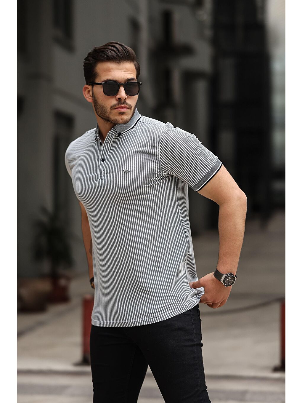 comstar Lacivert Erkek Kıvrılmaz Polo Yaka  Slim Fit Çizgili T-Shirt - 2