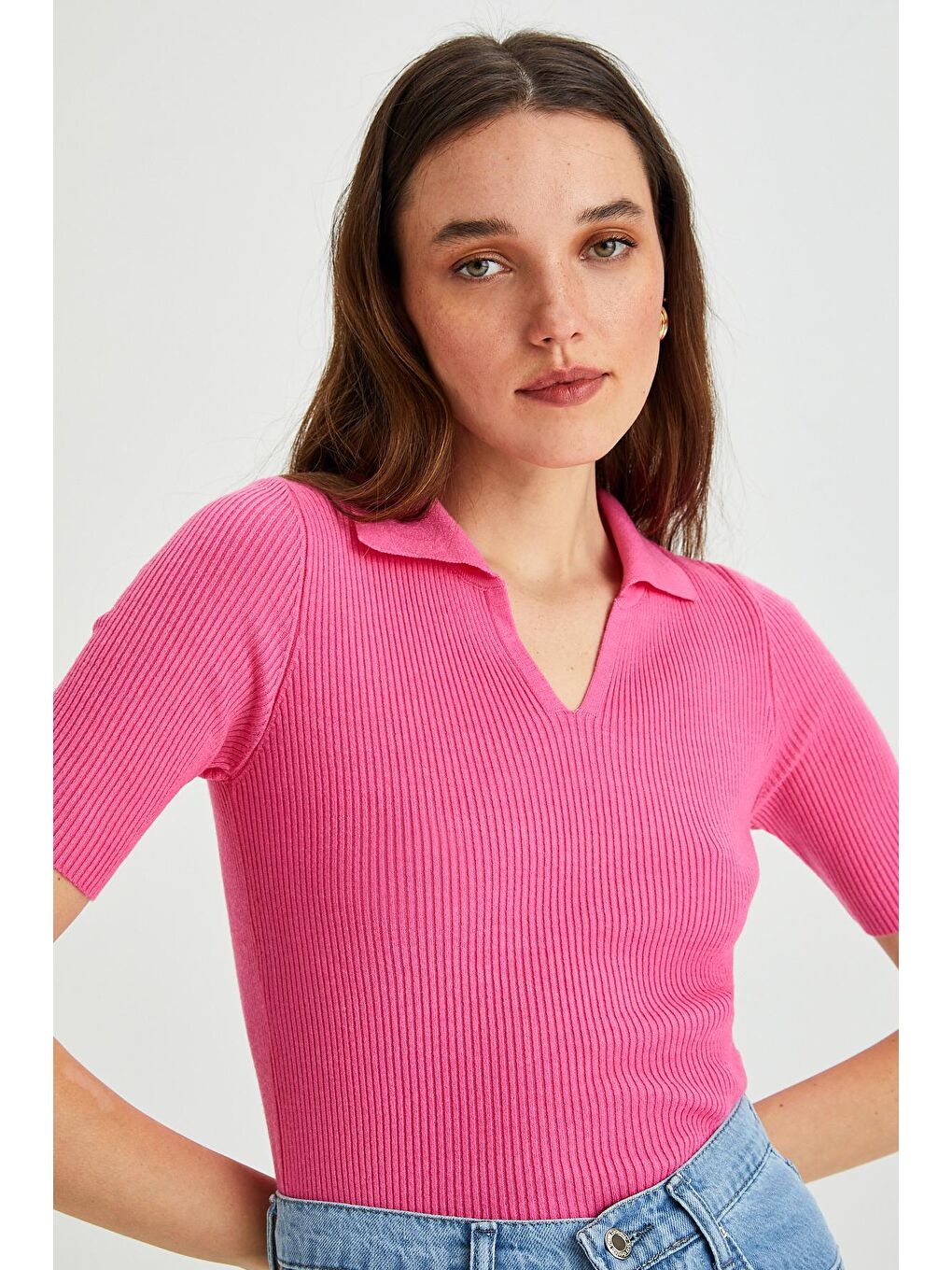 Fuşya Kadın Polo Yaka Kısa Kol Basic Triko Bluz