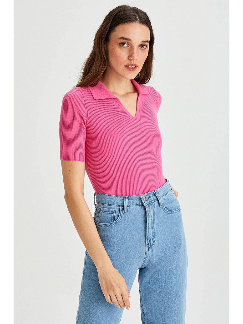 Fuşya Kadın Polo Yaka Kısa Kol Basic Triko Bluz-1