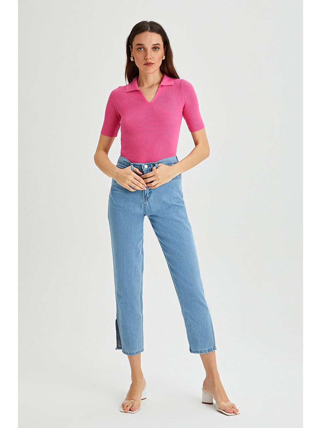 Fuşya Kadın Polo Yaka Kısa Kol Basic Triko Bluz-2